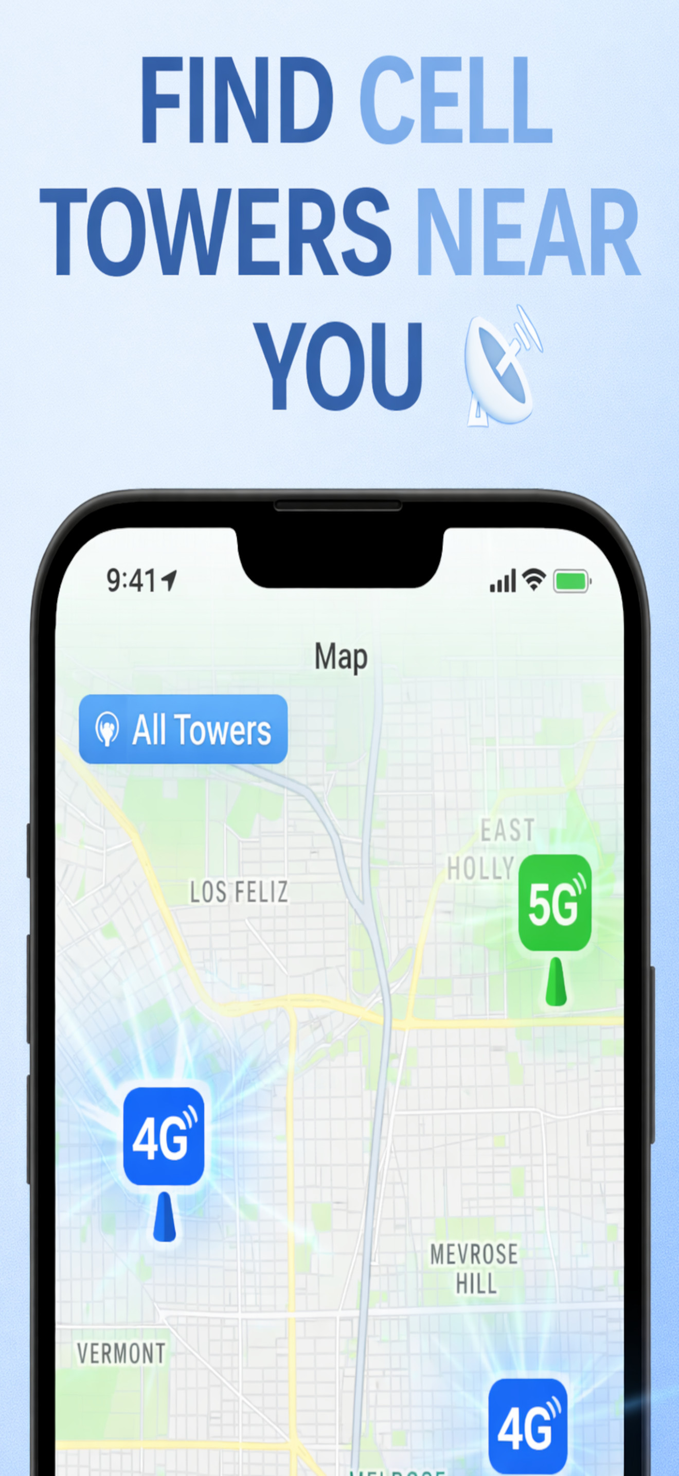 Signal Finder app displaying detailed cell tower information including carrier, network type, and distance from user location